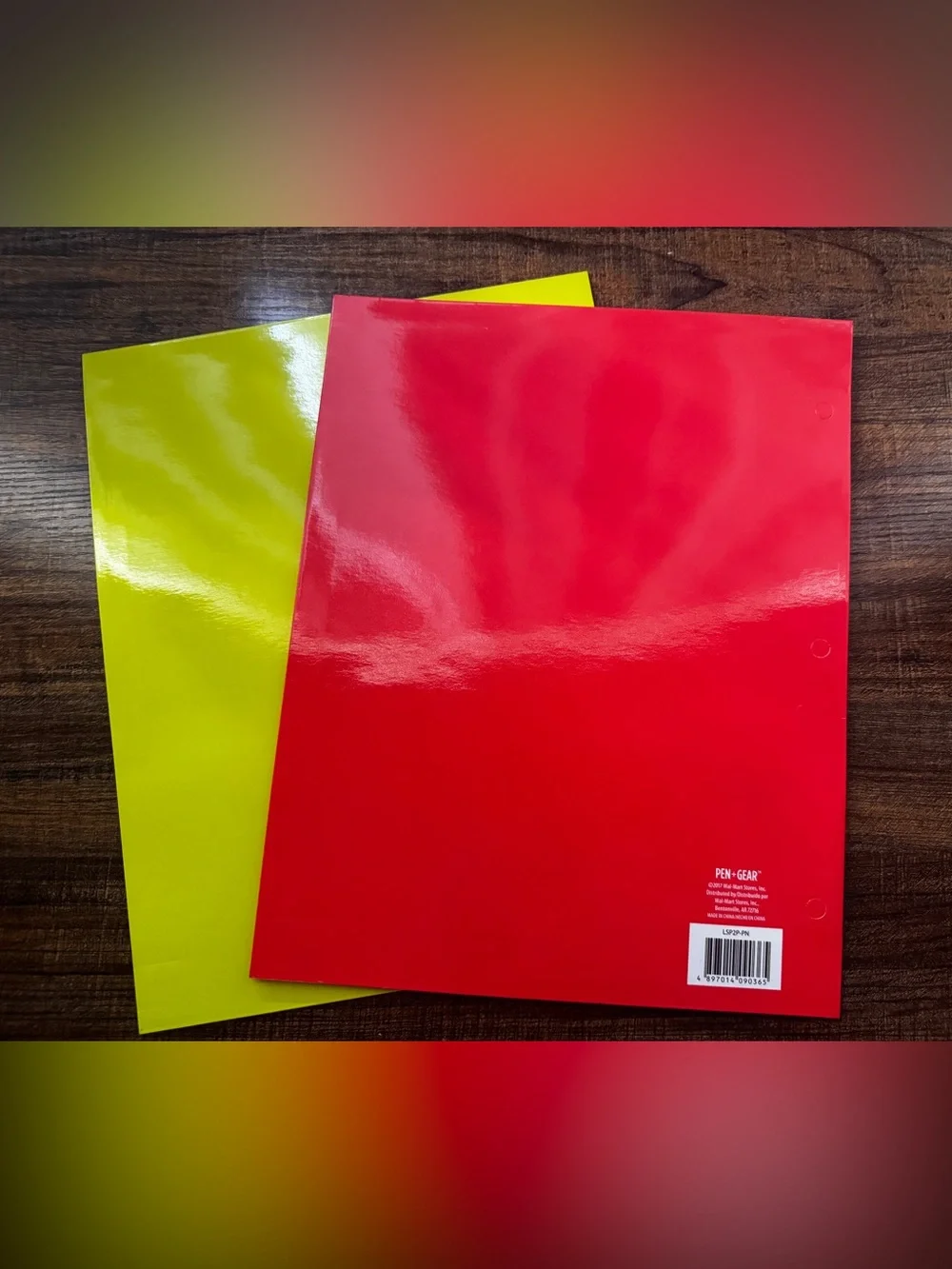 Pen + Gear Set of 2 Pocket Paper Folders Red & Neon Yellow 3-Hole Punched New